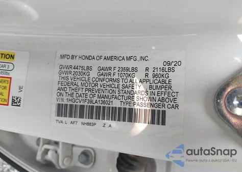 2020 Honda Accord Sport from USA, damaged, VIN 1HGCV1F39LA136021